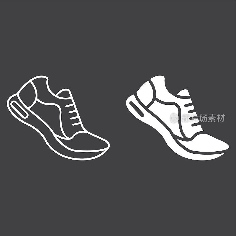 跑鞋线和字形图标，健身和运动，健身标志矢量图形，一个黑色背景上的线性图案，eps 10。